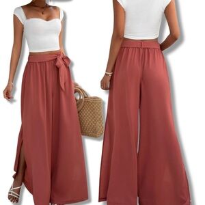 Split thigh belted wide leg pants